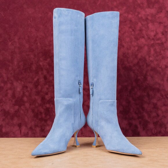 Stuart Weitzman Women Xcurve 85 Blue Suede Pointy Slouch Fashion Boots sz 8.5 - Picture 2 of 10